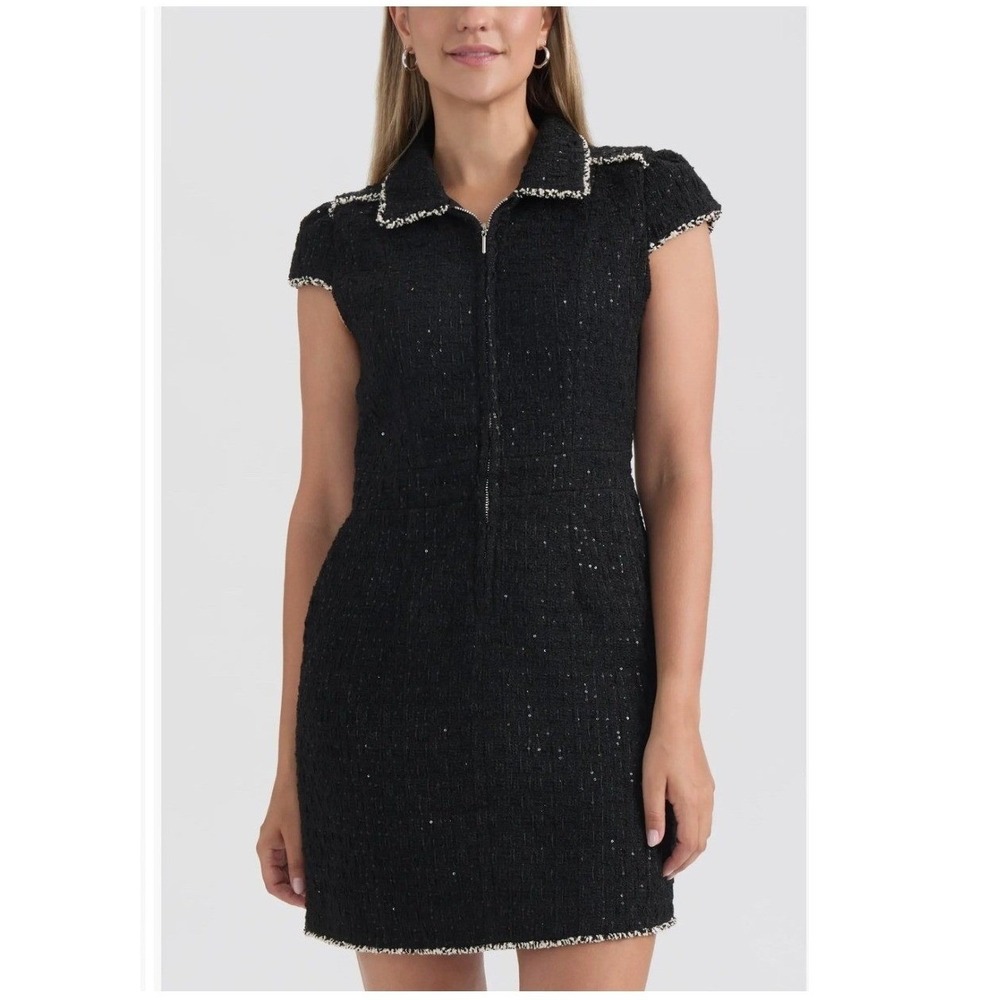 Ellen Tracy Black Tweed Cap Sleeve Front Zip Mini Dress Sequins Size Large